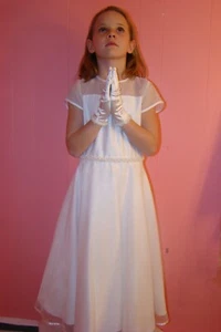 US Angels First Communion Dress White style #214 Clustered Pearl Waist Satin Top - Picture 1 of 5