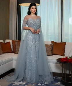 Vestidos de noche azul claro cuello redondo mangas plumas apliques fiesta graduación vestidos - Imagen 1 de 13