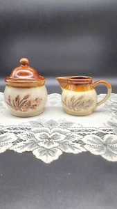 Vintage Steingut Milchkännchen und Zucker braun beige Weizenmuster  - Bild 1 von 12