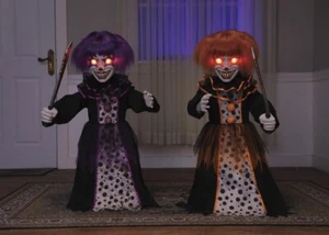 TWIN EVIL CLOWN SISTERS w KNIVES MOTION SPEAKING LED GLOW EYES HALLOWEEN PROP!! - Picture 1 of 8