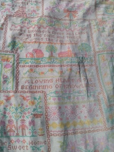 Vintage Cross Stitch Fabric Print Flat Queen Table Cloth Curtain 1970s - Picture 1 of 7