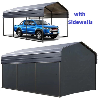PHI VILLA 10x15ft Metal Carport Reinforce Outdoor Heavy Duty Garage Car Shelter w/Sidewall