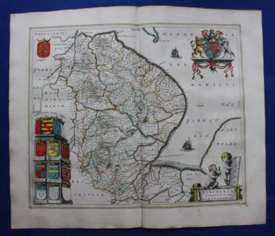 MAPA ANTIGUO, LINCOLNSHIRE, 'LINCOLNIA COMITATUS', original, J. Blaeu, 1645 Foto 1 de 4