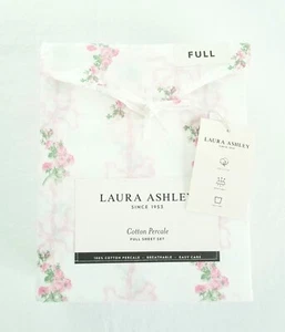 Laura Ashley Shabby Pink Roses And Ribbons Cotton Percale Sheet Set FULL NWT - Picture 1 of 6