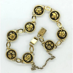 VINTAGE black & gold flowers panel link DAMASCENE BRACELET signed AI 7 1/2" - Picture 1 of 7