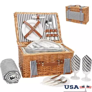 Picnic Basket Set 2 W/ Waterproof Blanket Insulated Cooler & Full Tableware New - Picture 1 of 8