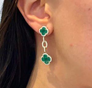 Estate Natural Diamond 0.65 CT and Emerald 2.25 CT 14K Yellow Gold Earrings - Picture 1 of 8