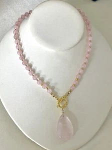 Women Natural Rose Quartz Stone Toggle Lariat Necklace - Picture 1 of 8