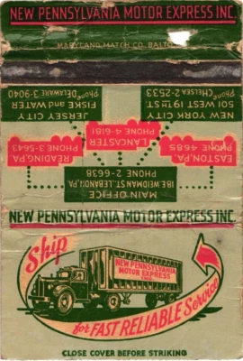 Lebanon Pennsylvania New Pennsylvania Motor Express Inc. Vintage Matchbook Cover - Image 1 of 2