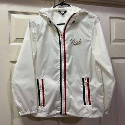 Chaqueta cortavientos blanca DGK para skate/snowboard con capucha con detalles verdes y rojos XS Foto 1 de 4