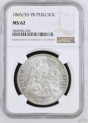 PERU 1 SOL SILVER CROWN 1865/55 YB NGC MS 62 KM #196.1 - Image 1 of 4