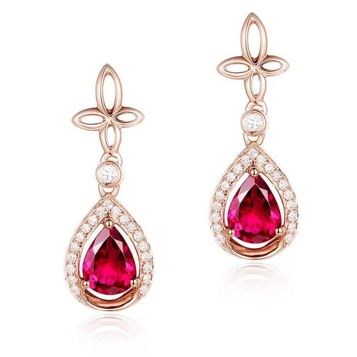 Pendientes colgantes colgantes de oro rosa de 14 k de rubí simulado con corte pera de 3 quilates para mujer Foto 1 de 4