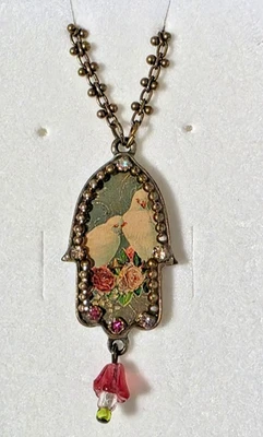 Michal Negrin Hamsa Necklace with roses, two white doves, crystals - Image 1 of 4