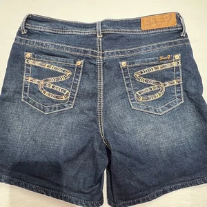 Seven7 Denim Shorts Sz 10 MId Rise Dark Wash Blue Stretch 5 Pocket - Picture 1 of 5
