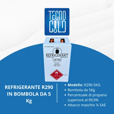 BOMBOLA GAS REFRIGERANTE R290 DA 5 KG PER FRIGORIFERO FREEZER E CONGELATORE - Immagine 1 di 2
