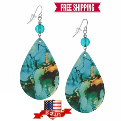 Large Turquoise Blue Wood Teardrop Boho Statement Earrings, Platinum Ear Wires - Image 1 of 4