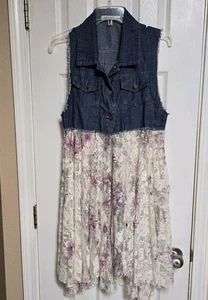 WHITE bohemian ORIGAMI cardigan duster LACE DENIM vest floral S/M vintage - Picture 1 of 6