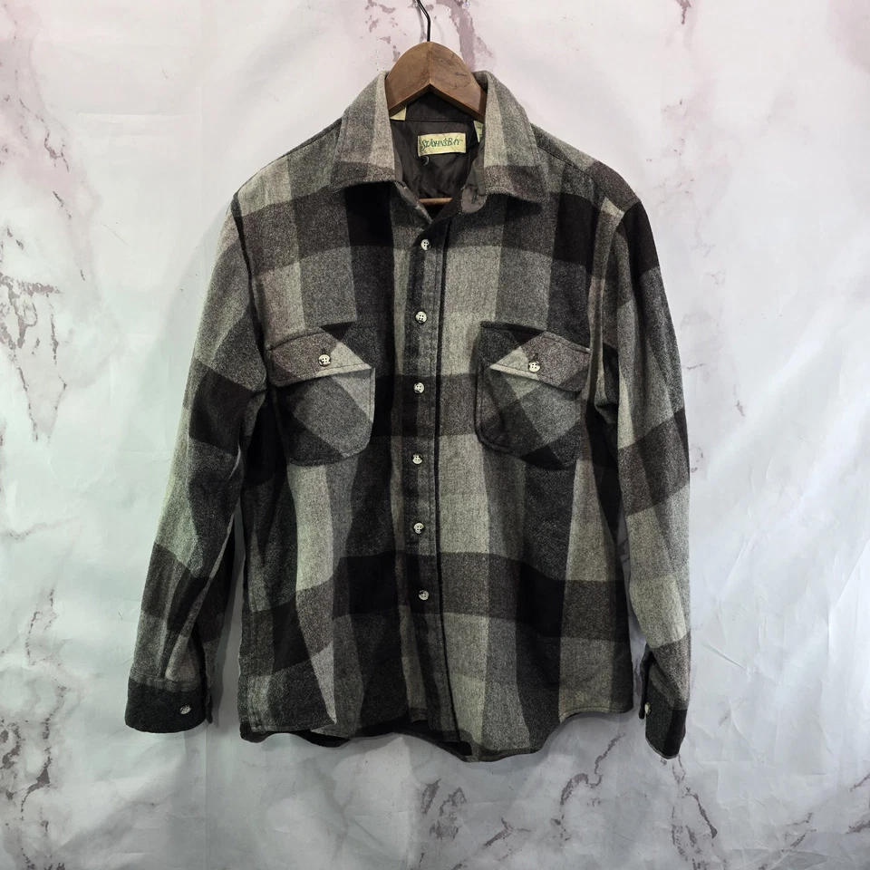 Vintage Wool Shirt Mens Large Brown Gray Button Up Plaid Shacket Buffalo  - Image 1 of 4