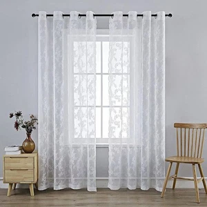 2 Panel White Vintage Embroidered Voile Sheer Lace Curtain Window Drapes Bedroom - Picture 1 of 16