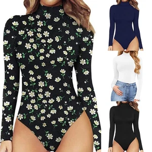 Ladies Neck Sexy Printing High Waist Sleeve Jumpsuits Leotard Top High Roll - Picture 1 of 26