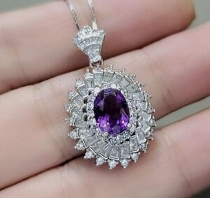 2Ct Oval Cut Lab-Created Amethyst Halo Pendant 14K White Gold Silver Plated 18"