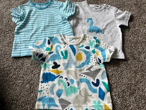 TU Boys 3 x Short Sleeve Tops Dinosaur Blue Grey Cream 0-3 Months Excellent Con - Picture 1 of 4