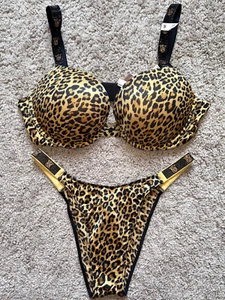 NWT VICTORIA'S SECRET LEOPARD SEXY BLING SHINE PUSH-UP BRA 38C BRAZILIAN L - SET - Picture 1 of 3