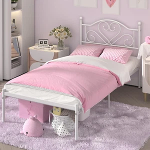 Twin Bed Frames with Headboard Heavy Duty for Kids Girls Adults Pink / White USA - Picture 1 of 23