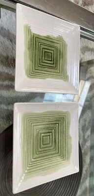 Crate & Barrel Set of 2 MCM Lemongrass Bread Plates Green Ivory Stoneware EUC - Image 1 of 4