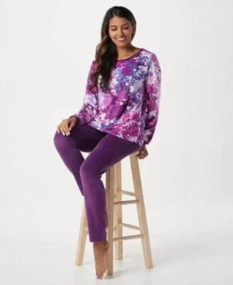 NEW Womens Sz Small Purple Print Soft Velour 2 Pc Pajama Lounge Set STAN HERMAN - Image 1 of 3