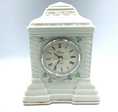 Belleek Cashel Studio Nova Quartz Mantle Desk Clock Gold Rimmed Dome Shamrock Cover