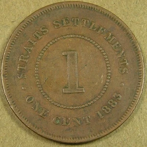 1883 Straits Settlements 1 Cent Copper Coin, KM-9, 28.8 mm, Combined Shipping - Picture 1 of 2