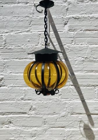 Antique Hand Blown Venetian Glass & Black Wrought Iron Light Lantern Gothic Cover