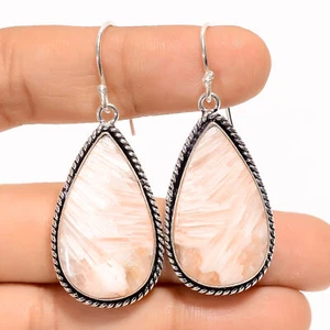 Natural Pink Scolecite Gemstone 925 Silver Handmade Earrings 1.9" ARE-4078 - Picture 1 of 3