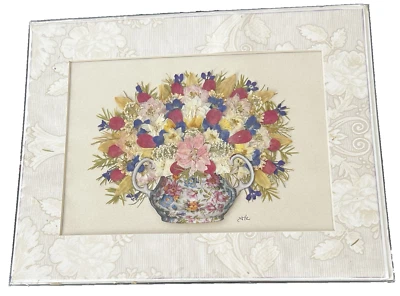 Pressed Flower Art Bouquet in Vintage Chintz Creamer Brocade matting - Image 1 of 4