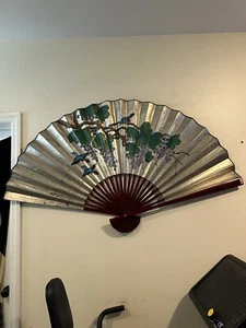 Large Chinese Chinoiserie Silver Leaf Hand Painted Wall Fan 60”X 35” - Picture 1 of 7