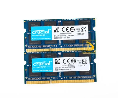 8GB Crucial 2x 4GB 2RX8 PC3-8500S DDR3 1066Mhz CL7 SODIMM RAM Laptop Memory - Image 1 of 4