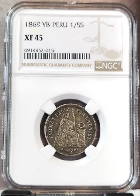 1869 PERU SILVER 1/5 SOL SEATED LIBERTY NGC XF 45 RARE GREAT LOOKING COIN - Image 1 of 3