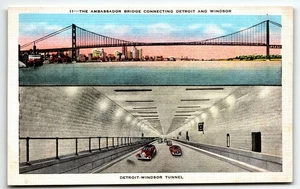 Postcard Detroit - Windsor Tunnel and Ambassador Bridge Michiagan MI Canada UNP - Picture 1 of 2