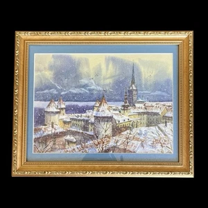 European Christmas Gilded Framed Watercolor Wall Art Print Snow Old World Signed - Picture 1 of 10