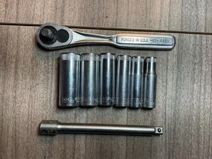 8 Pc Metric Craftsman USA 3/8" Dr 6 PT Knurled Top Deep Sockets W/Ratchet & Ext - Foto 1 di 9
