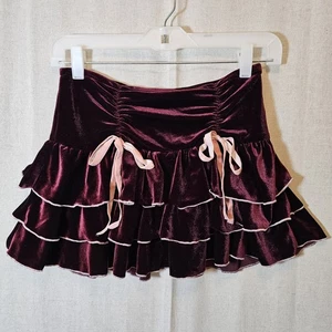 Vintage Burgundy Velvet Skirt Tiered Flounce Coquette Pink Bows Womens Small USA - Picture 1 of 8