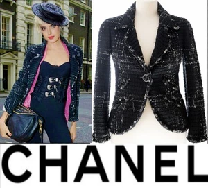 Chanel Vintage 2008 Black Tweed Chain White Jacket 38 40 4 6 8 Coat Top Logo S M - Picture 1 of 24