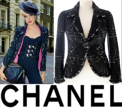 Chanel Vintage 2008 Black Tweed Chain Jacket 38 40 4 6 8 Coat Top Logo Vtg S M - Image 1 of 4