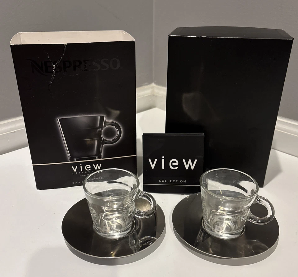 Coleção Nespresso View, 2 xícaras de café expresso e 2 pires de aço inoxidável - NOVO NA CAIXA - Imagem 1 de 4
