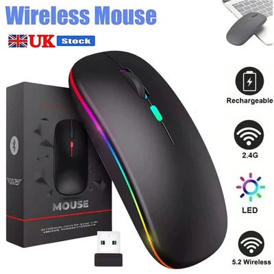 RGB LED Wireless Mouse Rechargeable Optical Silent Mice USB For PC Laptop UK NEW - Image 1 of 4