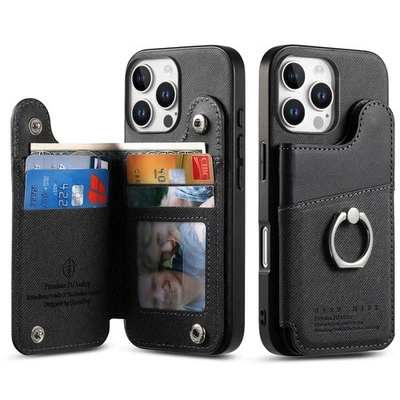 For iPhone 17 Pro Max 16 15 14 13 12 11 Flip Case Card Holder Wallet Ring Stand