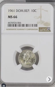 DOMINICAN REPUBLIC 1961 10 CENTAVOS SILVER NGC MS66 - Picture 1 of 3