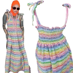Handmade Rainbow Striped Polka Dot Maxi Dress Womens Medium Large Pockets - Picture 1 of 5