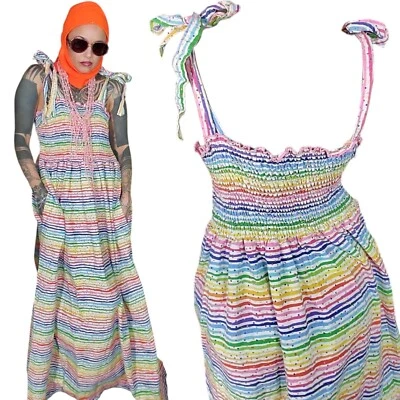 Handmade Rainbow Striped Polka Dot Maxi Dress Womens Medium Large Pockets - Image 1 of 4